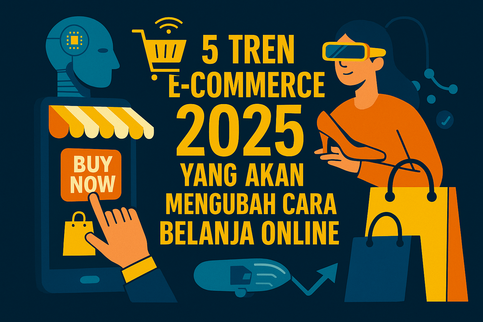 Ilustrasi digital modern menampilkan konsep e-commerce 2025 dengan smartphone hologram, keranjang belanja digital, chatbot AI, pengiriman cepat, dan augmented reality dalam nuansa biru-ungu futuristik