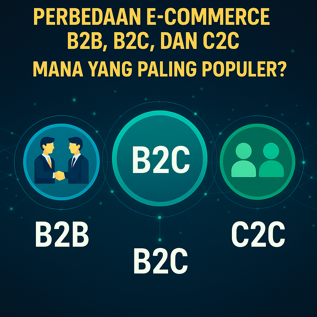 Ilustrasi digital modern menampilkan perbedaan e-commerce B2B, B2C, dan C2C dengan ikon perusahaan, toko online, dan konsumen yang saling terhubung dalam jaringan digital global bernuansa futuristik biru dan oranye.