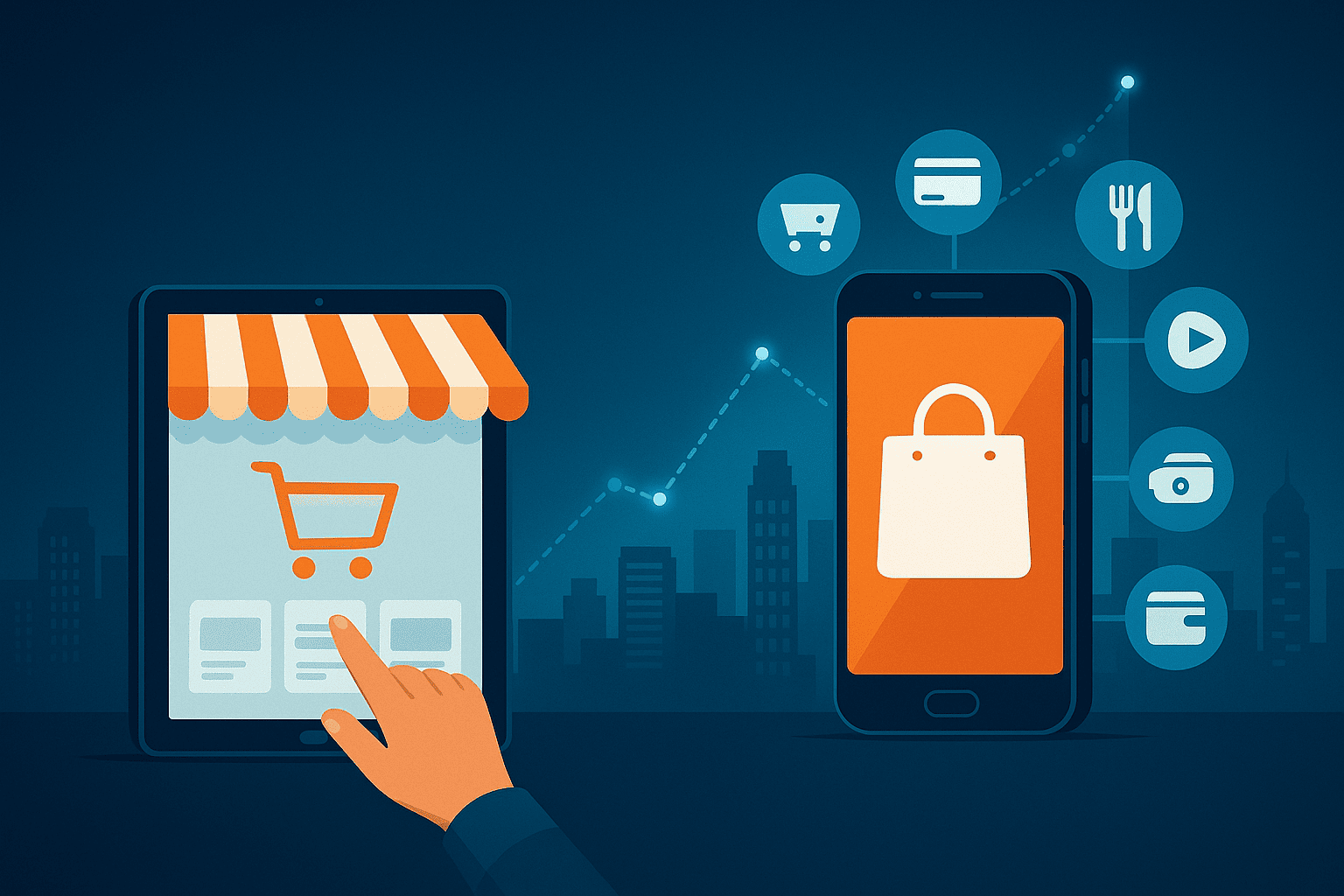 Ilustrasi modern evolusi e-commerce dari marketplace ke super app, menampilkan tablet dengan ikon keranjang belanja dan smartphone dengan ikon layanan digital dalam nuansa futuristik biru-oranye.