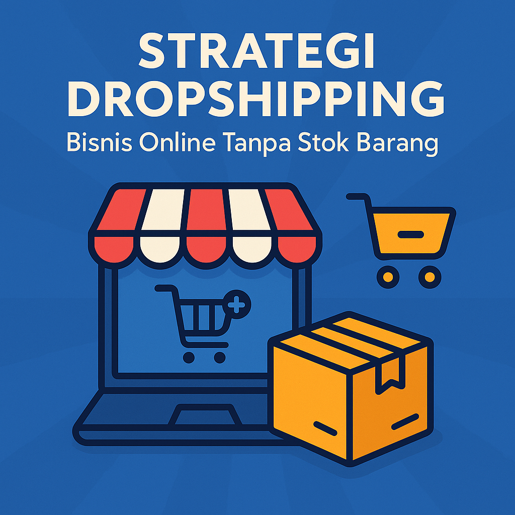 ropshipping menampilkan ilustrasi flat-style dengan laptop bergaya toko online, ikon keranjang belanja, dan paket pengiriman berwarna kuning di atas latar biru.