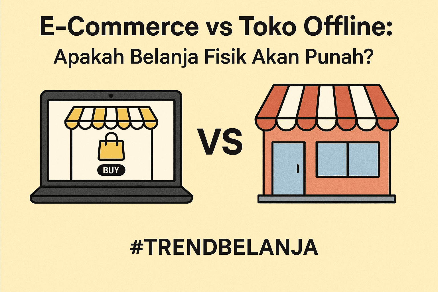 Ilustrasi perbandingan e-commerce dengan toko offline, menampilkan laptop untuk belanja online dan toko fisik dengan atap merah putih.