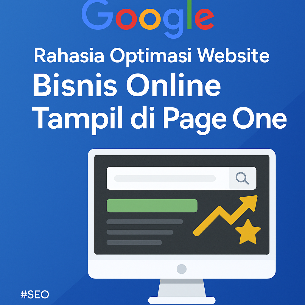 Ilustrasi digital menampilkan layar komputer dengan grafik panah naik, simbol bintang, dan hasil pencarian Google, menggambarkan optimasi website untuk tampil di halaman pertama.