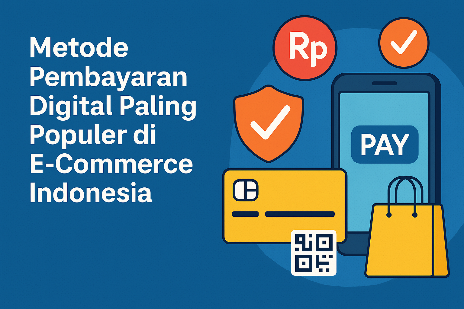 metode pembayaran digital populer e-commerce Indonesia, menampilkan ilustrasi flat design dengan smartphone bertuliskan PAY, ikon Rupiah, kartu bank, QR code, perisai keamanan, dan tas belanja di atas latar biru modern.