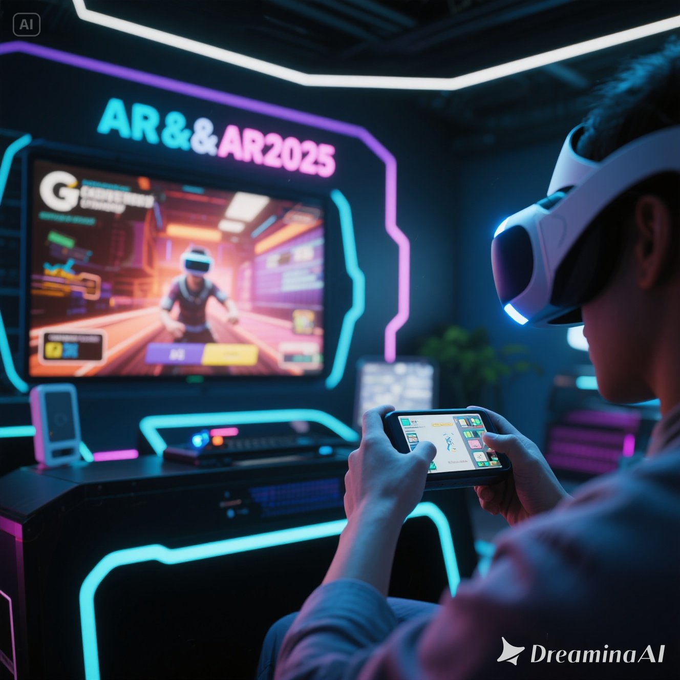Ilustrasi belanja online dengan teknologi AR dan VR, menampilkan konsumen mencoba produk secara virtual melalui headset dan smartphone.