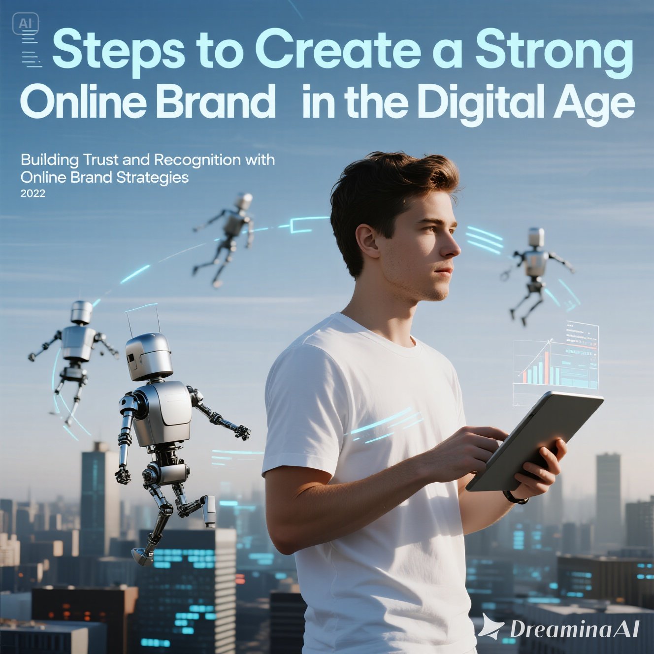 Ilustrasi brand digital dengan ikon media sosial, logo, strategi konten, dan interaksi pelanggan online.