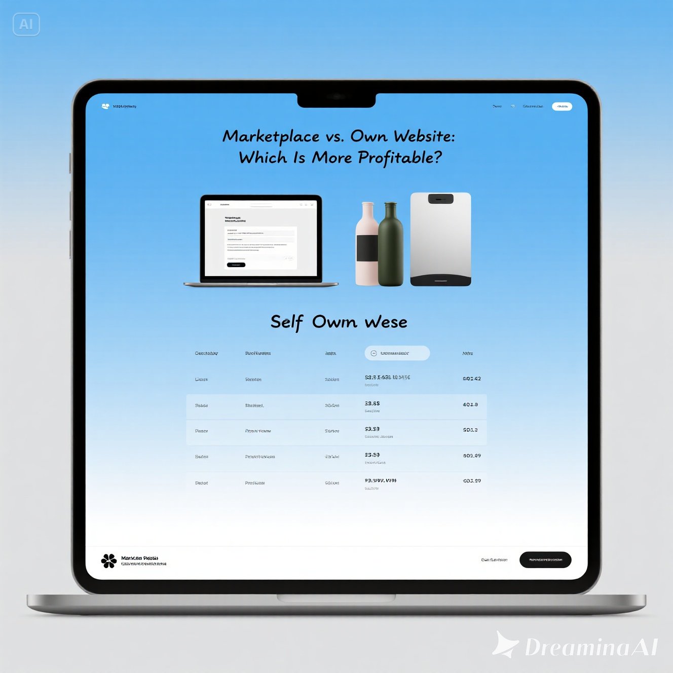 Ilustrasi perbandingan marketplace dan website sendiri dengan ikon belanja online, branding, dan kontrol bisnis.