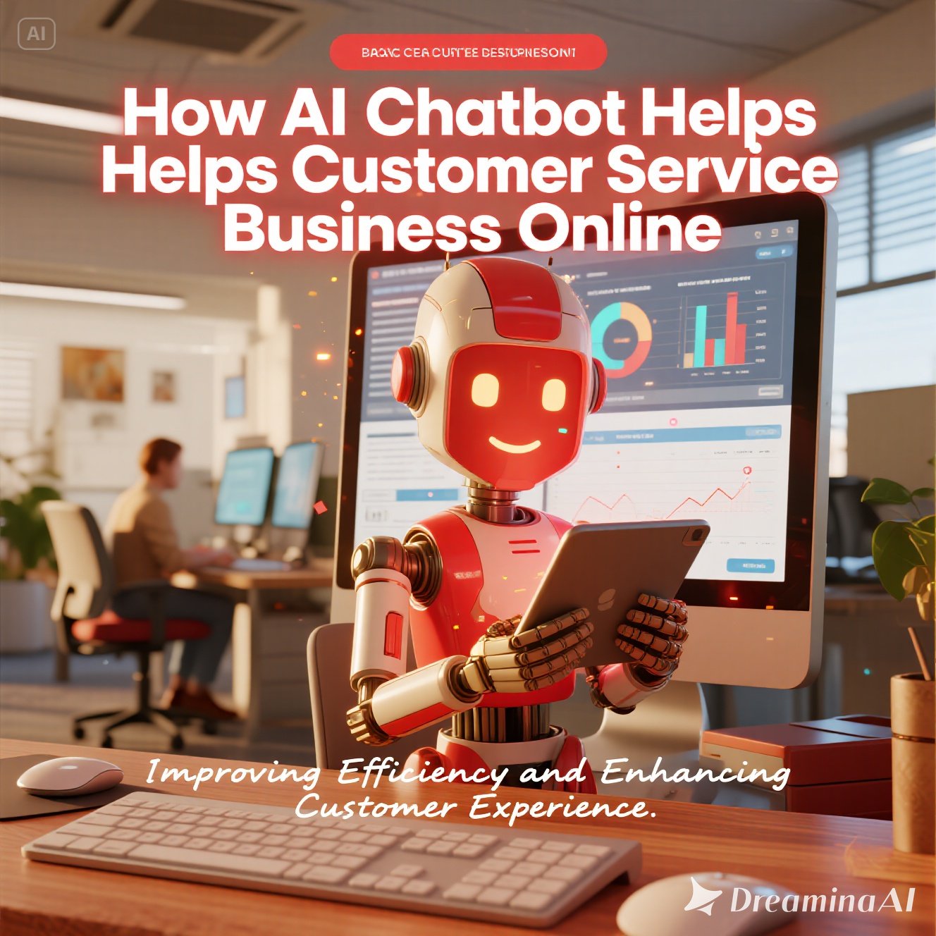 Ilustrasi chatbot AI melayani customer service bisnis online melalui smartphone dan laptop.