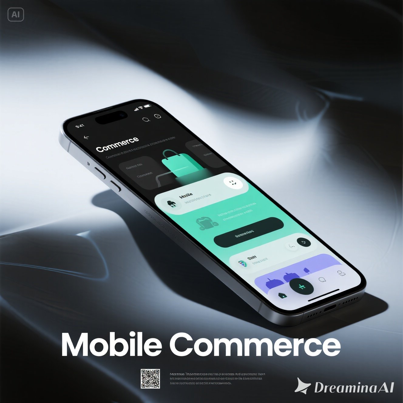 Ilustrasi mobile commerce dengan smartphone, ikon belanja online, dan pembayaran digital.
