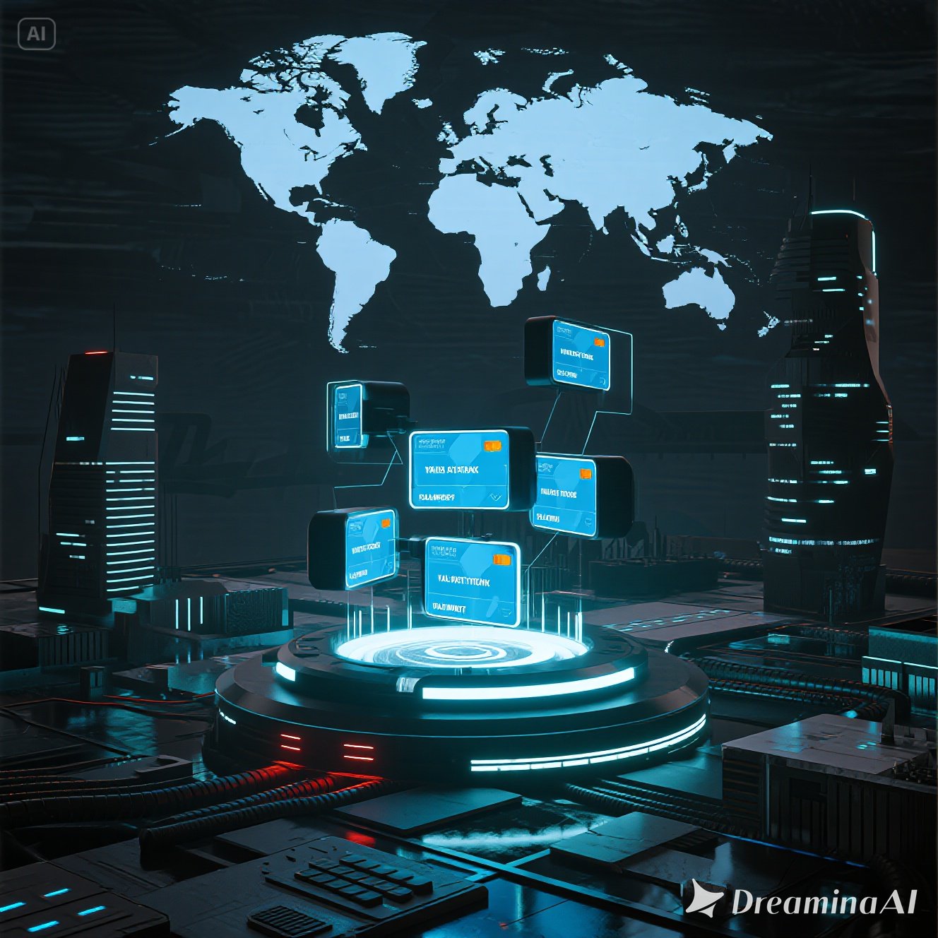 Ilustrasi digital pembayaran lintas negara dengan peta dunia dan jaringan blockchain.