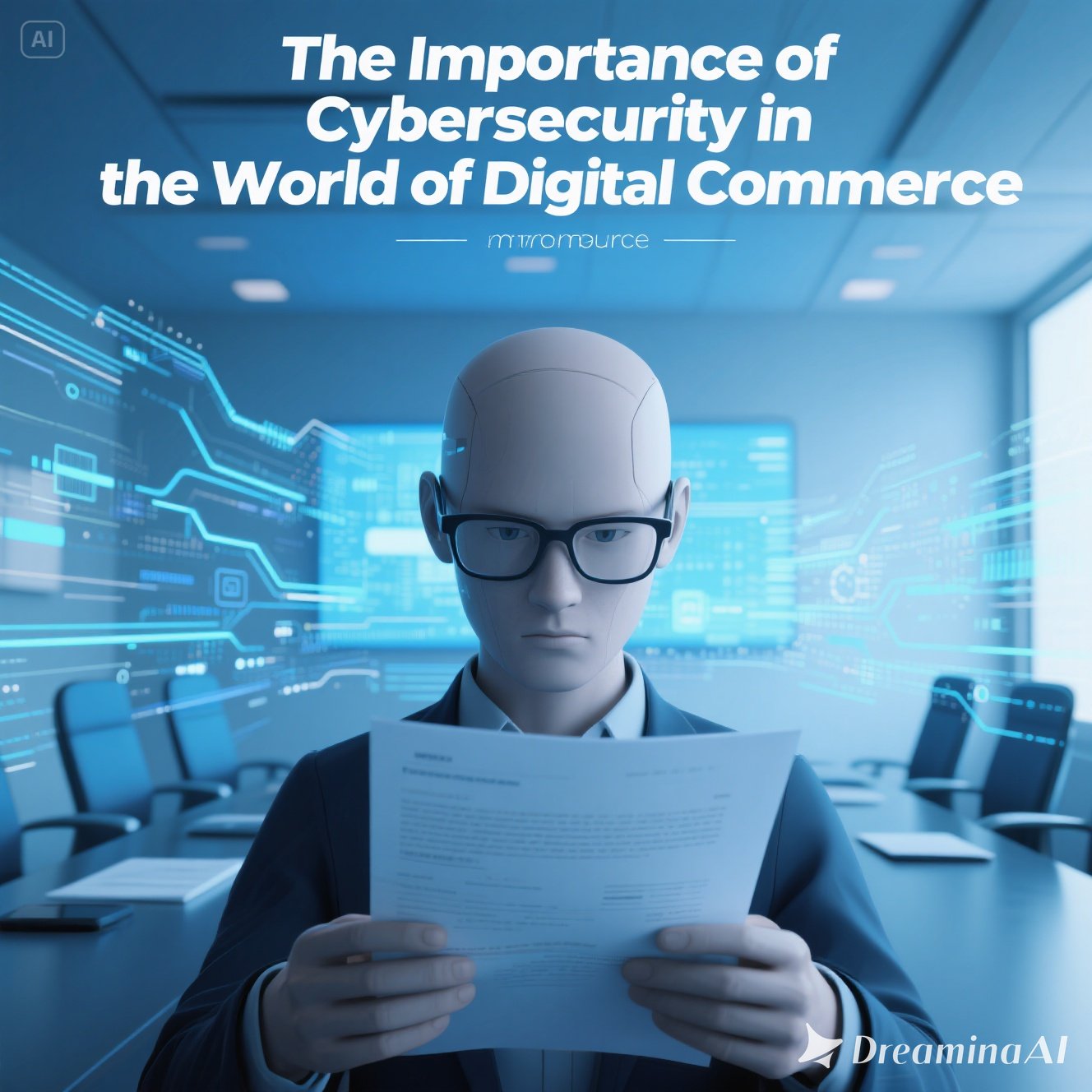 Ilustrasi keamanan siber dalam perdagangan digital dengan gembok digital, jaringan internet, dan transaksi online."