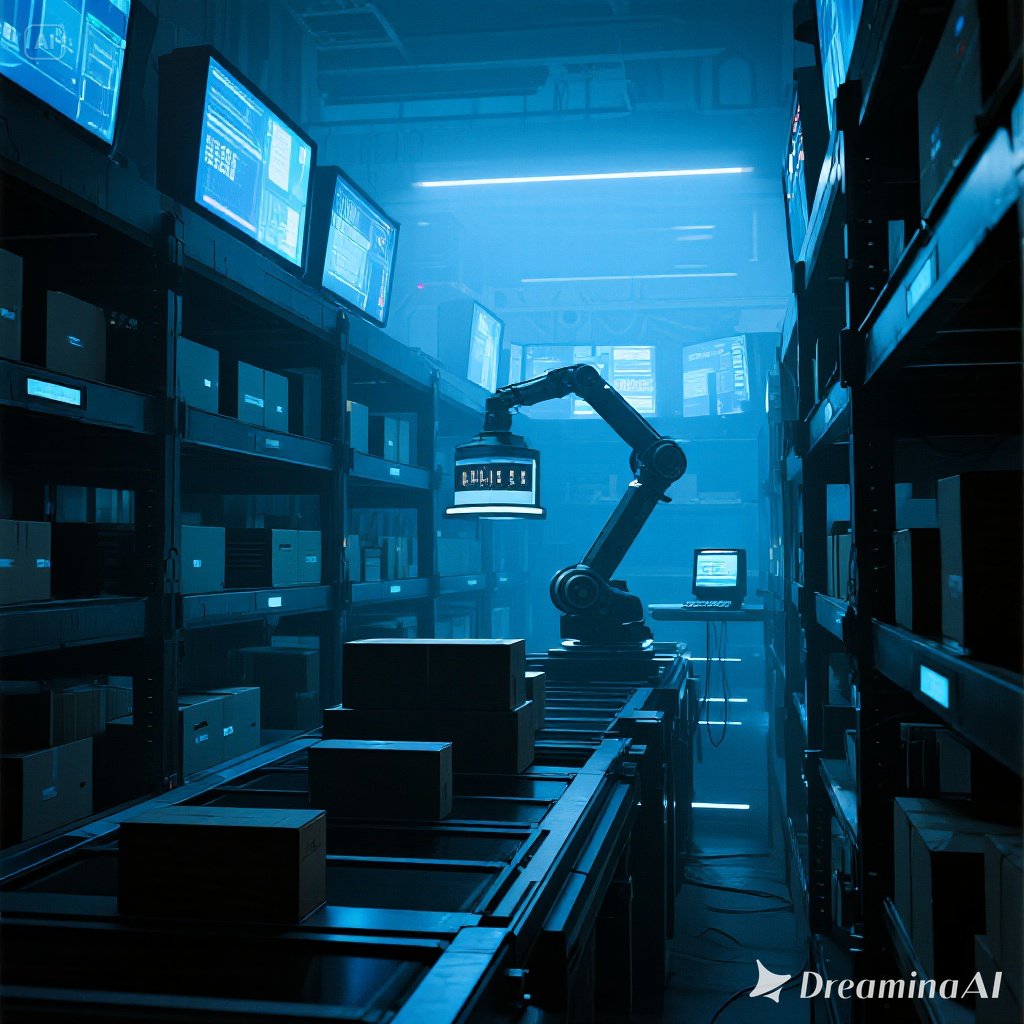 Ilustrasi smart warehouse modern dengan robot, sensor IoT, dan sistem otomatis.