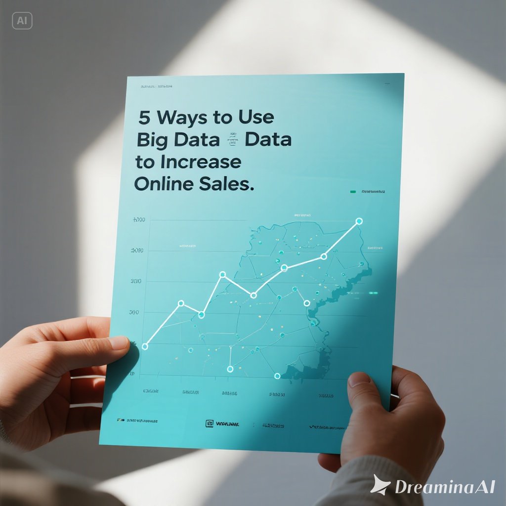 Ilustrasi big data dengan grafik penjualan, analisis data pelanggan, dan e-commerce.