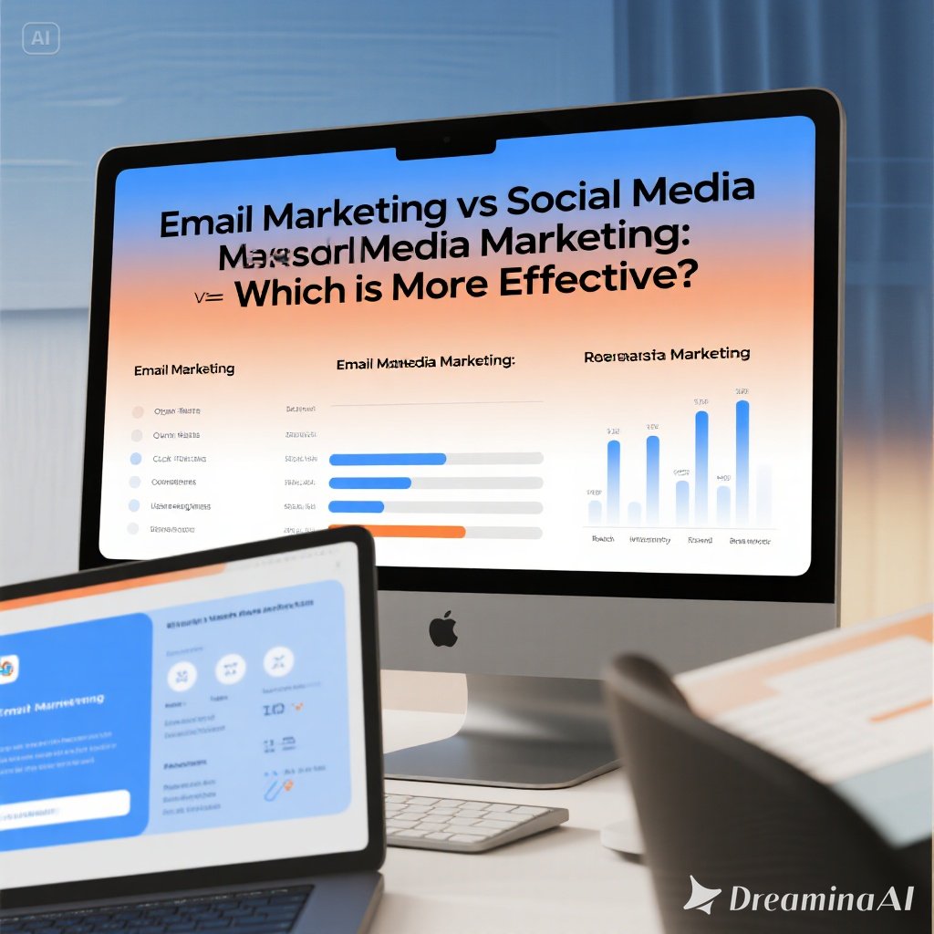 Kolase email marketing dan social media marketing dengan ikon email dan media sosial populer.