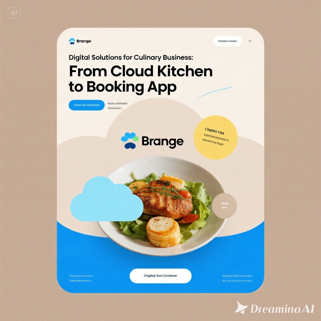 Kolase cloud kitchen modern, aplikasi pemesanan makanan di smartphone, dan dapur kuliner digital.