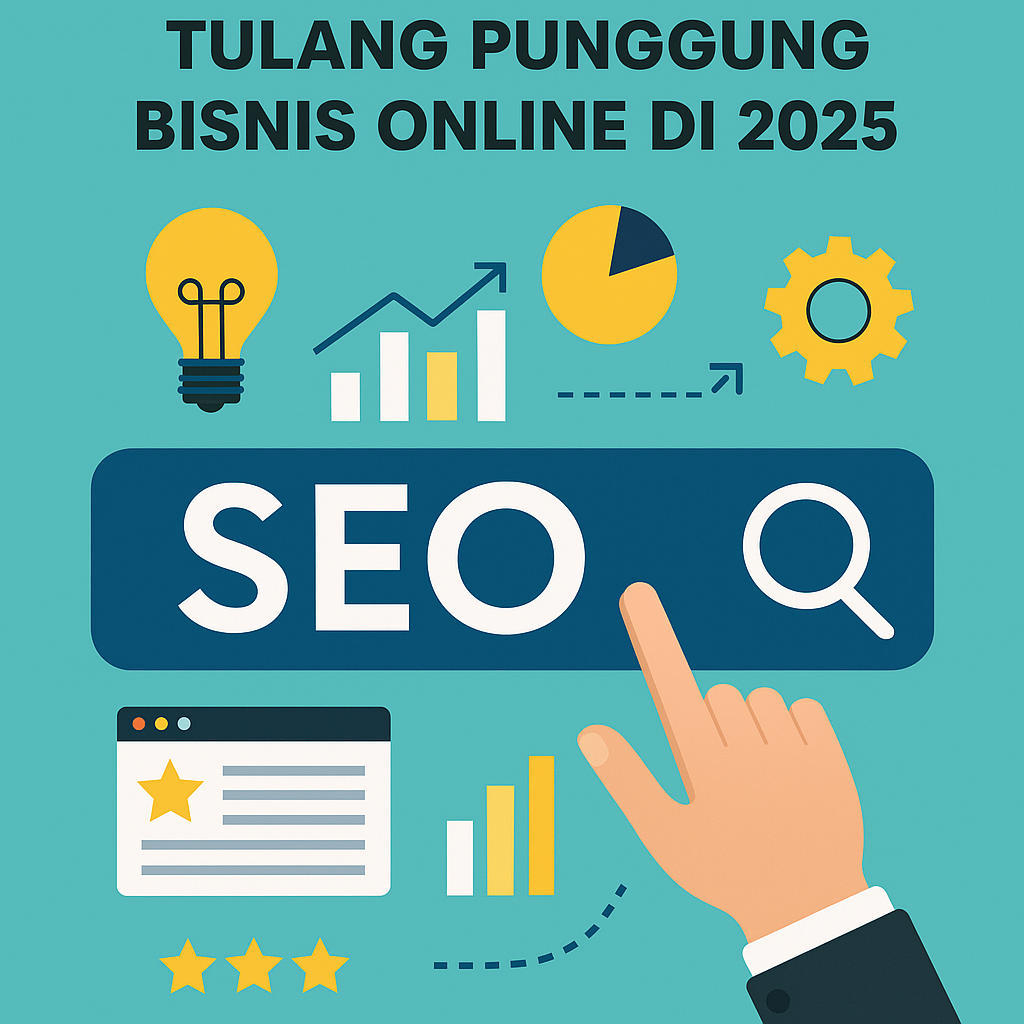 Ilustrasi digital modern menampilkan kata "SEO" dalam kotak pencarian dengan ikon grafik naik, lampu ide, roda gigi, dan browser, melambangkan pentingnya SEO untuk bisnis online di 2025.