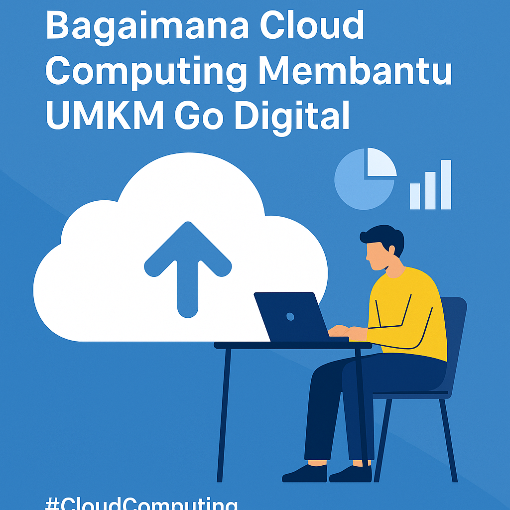 Ilustrasi digital seorang pria bekerja dengan laptop terhubung ke ikon cloud dan grafik data, mewakili adopsi cloud computing oleh UMKM.