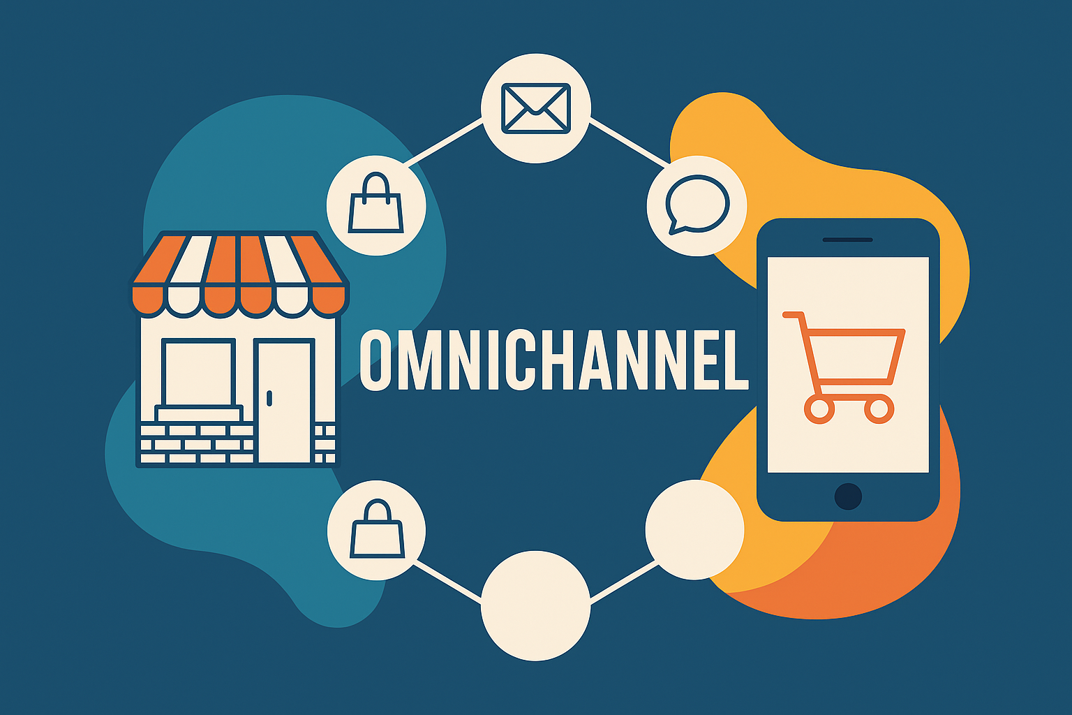 Ilustrasi konsep omnichannel dalam perdagangan modern, menampilkan toko fisik, smartphone, dan ikon komunikasi digital yang terhubung.