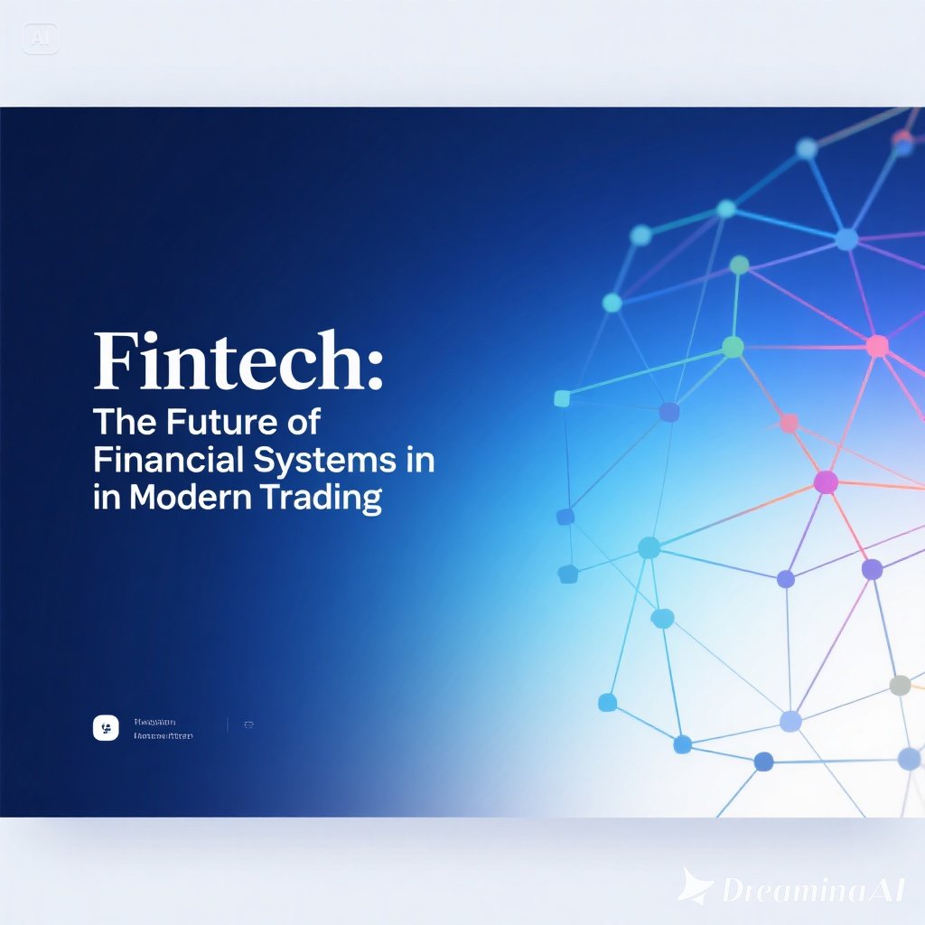 Ilustrasi sistem fintech digital dengan ikon transaksi online, blockchain, dan perdagangan modern.