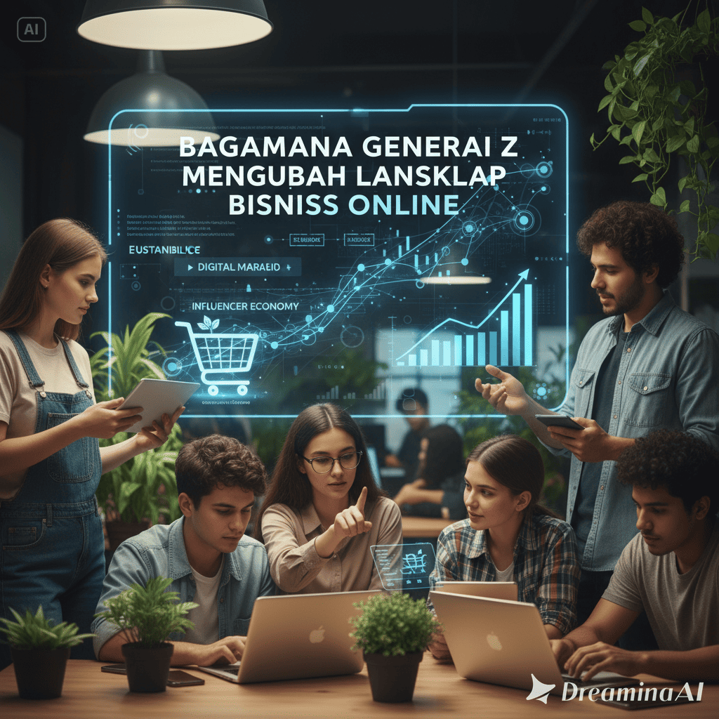 Ilustrasi Generasi Z berbelanja online melalui smartphone dengan suasana interaktif dan modern.