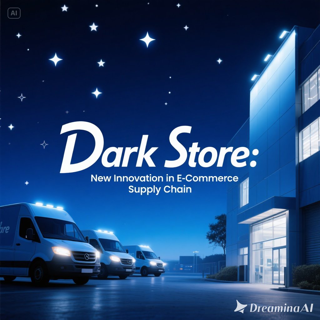 Ilustrasi dark store modern sebagai pusat distribusi e-commerce.