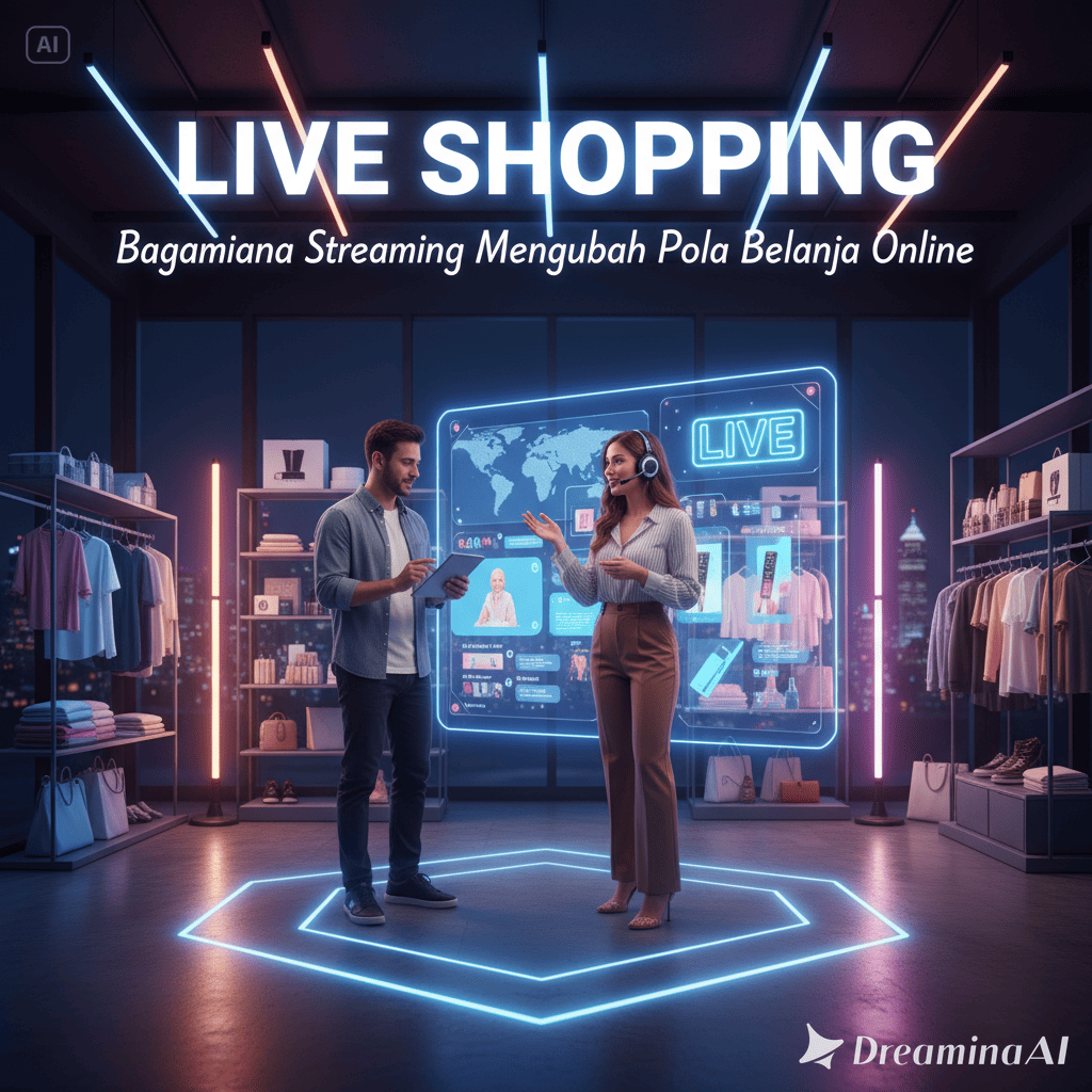 Ilustrasi host live streaming menjual produk fashion dengan interaksi penonton online.