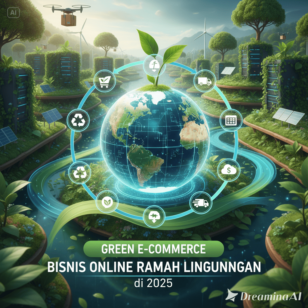 Ilustrasi e-commerce ramah lingkungan dengan paket daur ulang, kendaraan listrik, dan ikon energi hijau.