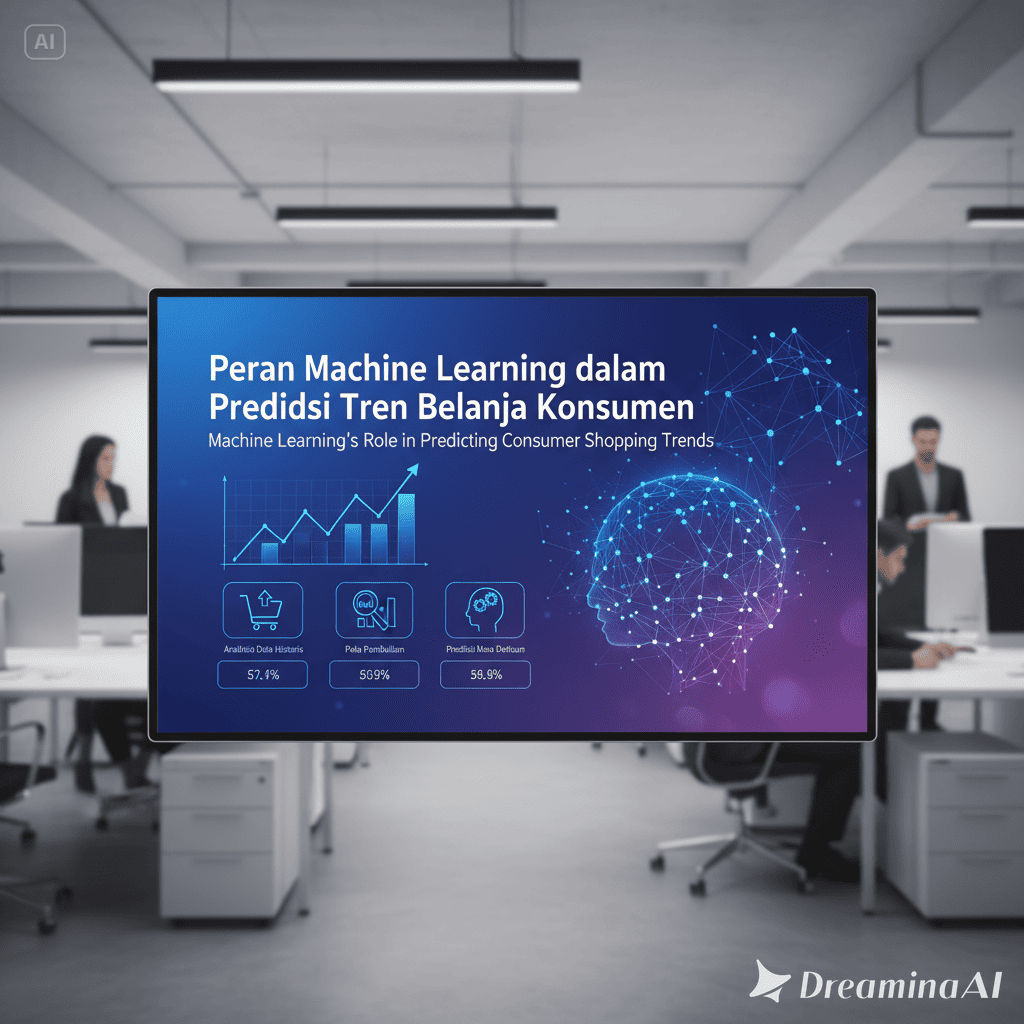 Ilustrasi machine learning menganalisis data tren belanja konsumen dengan grafik digital dan ikon e-commerce.