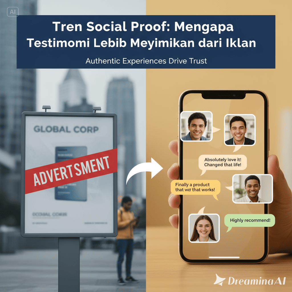 Ilustrasi social proof dengan testimoni pelanggan, rating bintang, dan ulasan online.