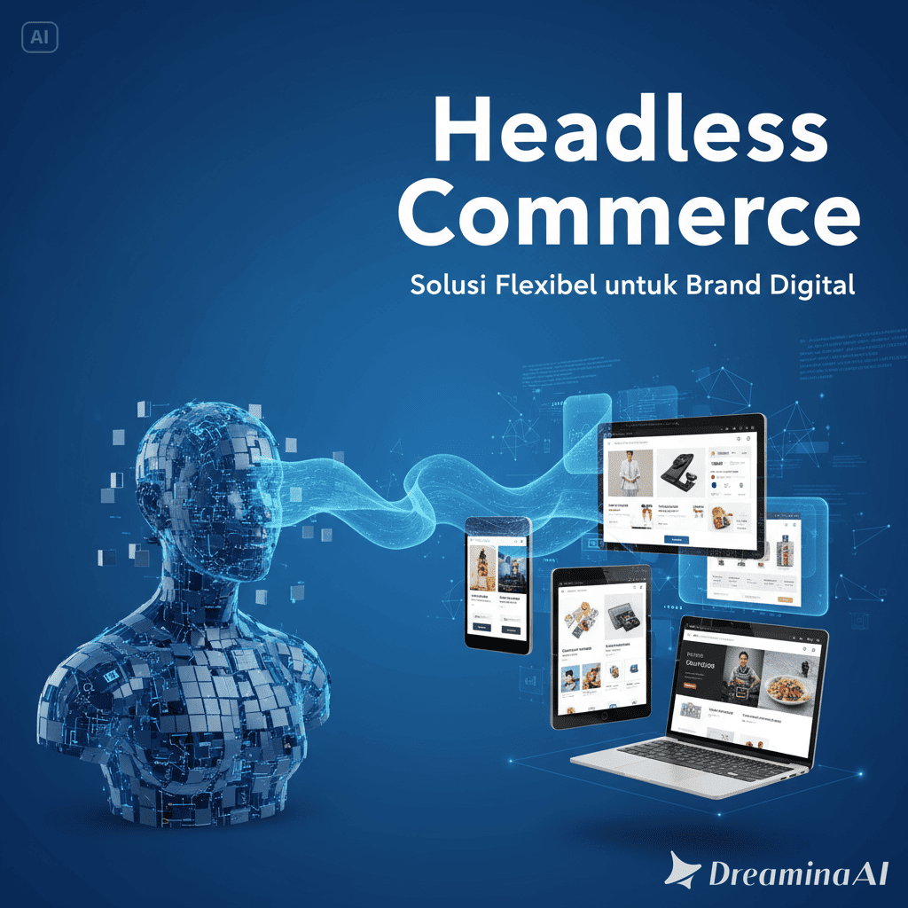 Ilustrasi konsep Headless Commerce dengan frontend dan backend terhubung lewat API.