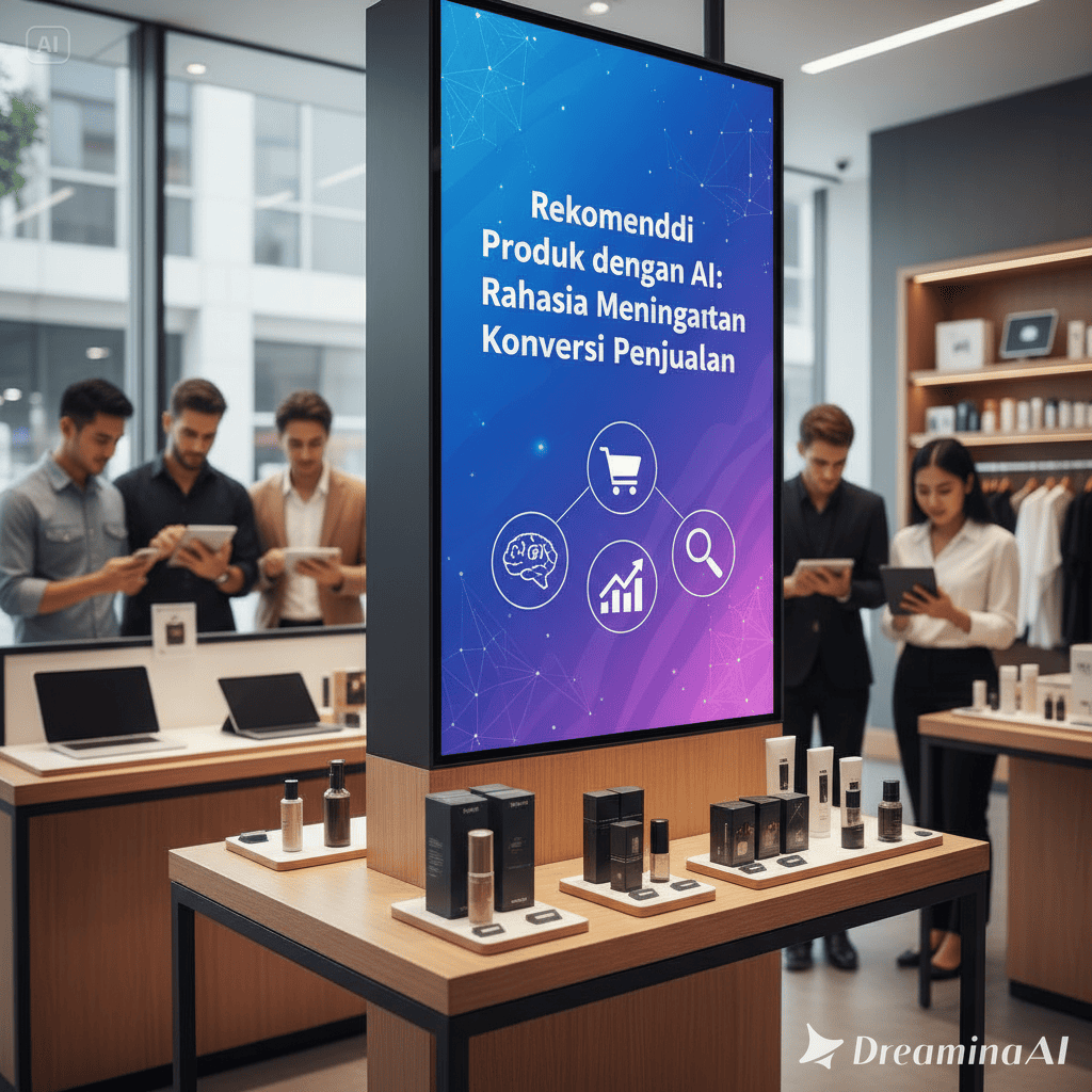 Ilustrasi sistem AI merekomendasikan produk di platform e-commerce berdasarkan preferensi pelanggan.