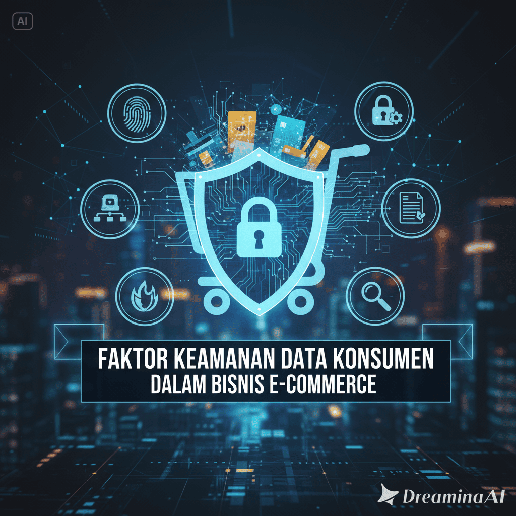 Ilustrasi pelindung data konsumen di e-commerce dengan ikon gembok digital dan keranjang belanja online.