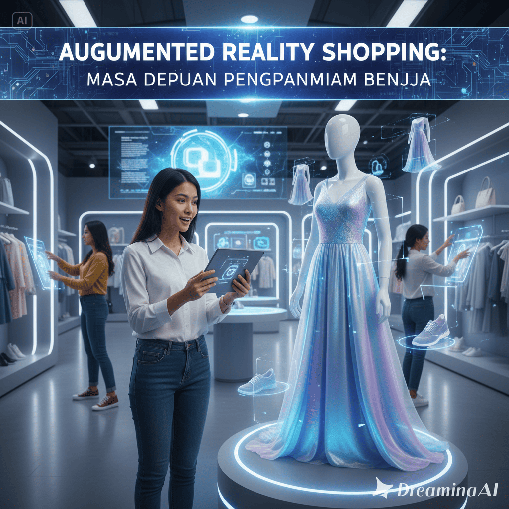 Ilustrasi pelanggan menggunakan AR di smartphone untuk mencoba produk secara virtual di toko digital modern.