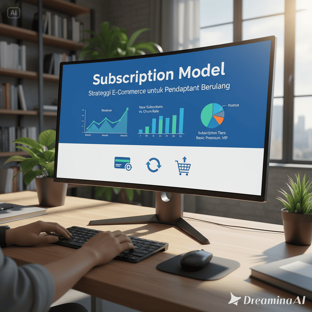 Ilustrasi pelanggan e-commerce berlangganan layanan digital dengan sistem subscription otomatis.
