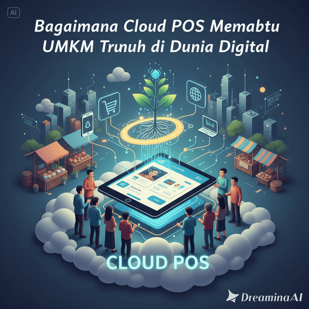 Ilustrasi pemilik UMKM menggunakan tablet dengan dashboard Cloud POS dan grafik penjualan digital.