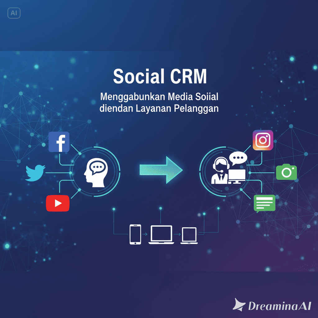 Ilustrasi tim layanan pelanggan memantau interaksi media sosial di dashboard CRM digital.