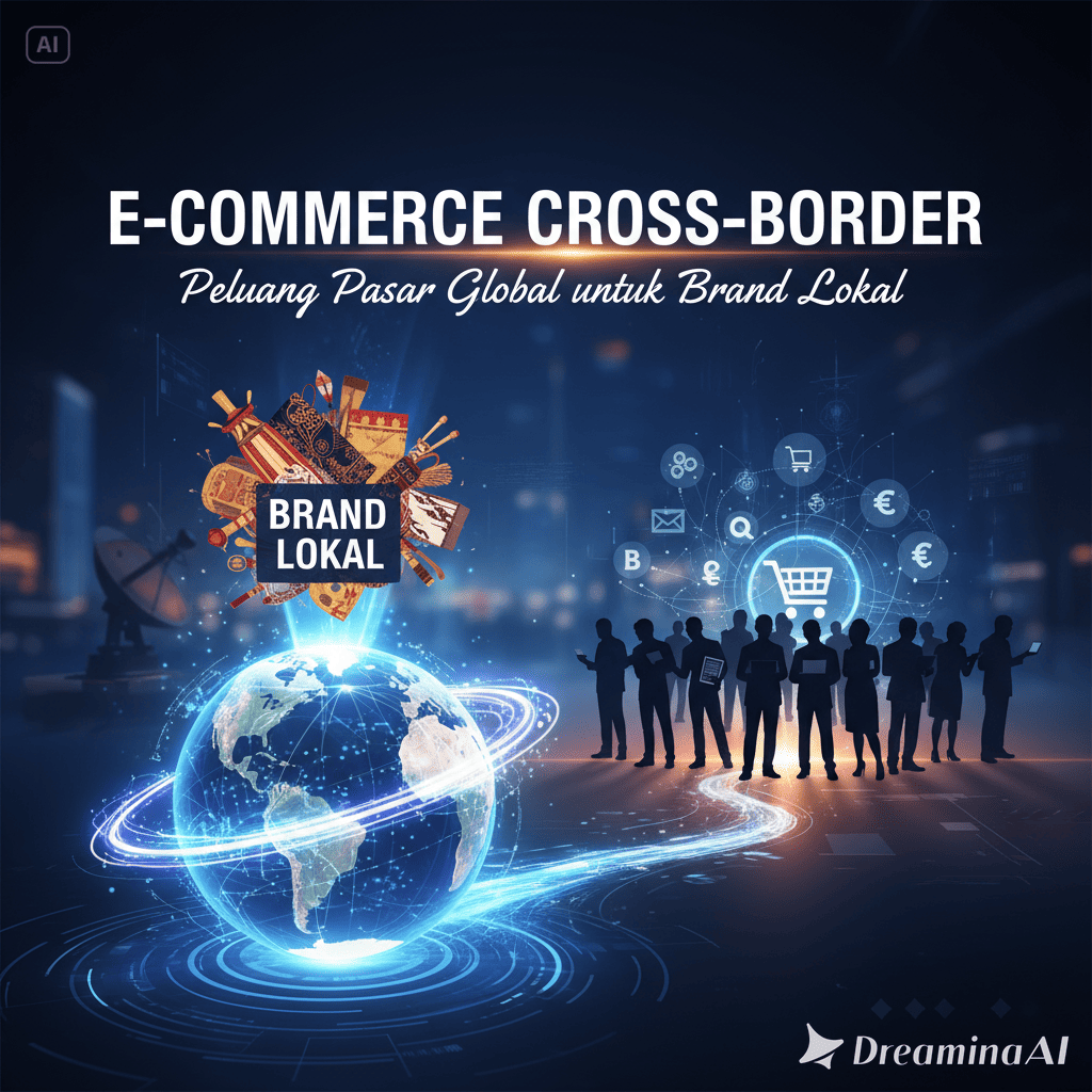 Ilustrasi paket e-commerce terbang melewati peta dunia dengan jaringan digital global.