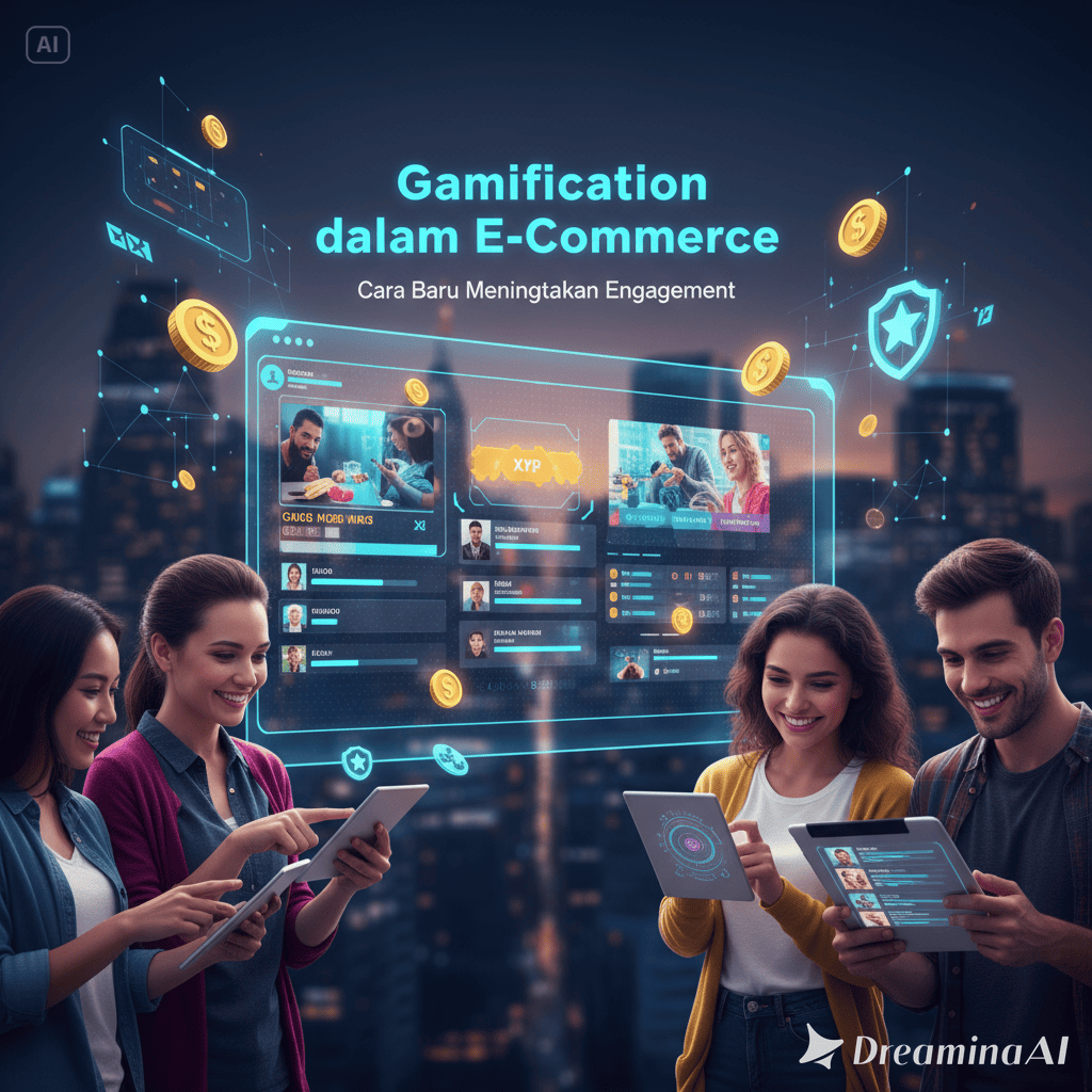 Ilustrasi pelanggan bermain mini game di aplikasi e-commerce dengan poin dan hadiah digital.